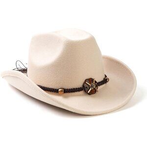 Unisex Beige Western With Braided Band Buckle Classic Fedora Felt Cowboy Hat